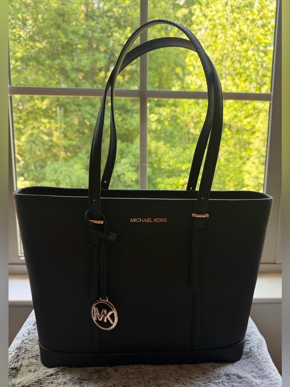 Michael Kors Black Saffiano Leather Tote with Gold MK Charm